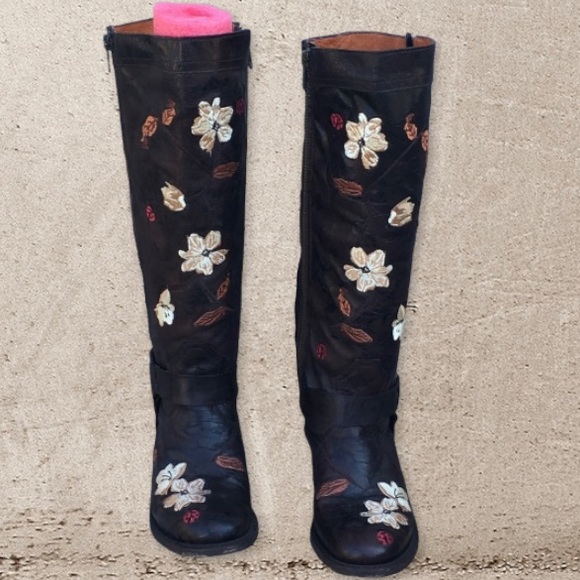 Vintage Dan Post Anise Flower Embroidered Western Harness Boots - Picture 2 of 8